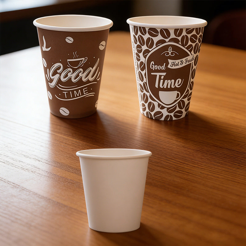 Set of 50 Lavish Kitchen Isle paper cups in 8oz and 4oz assorted colors for coffee, juice, and events.