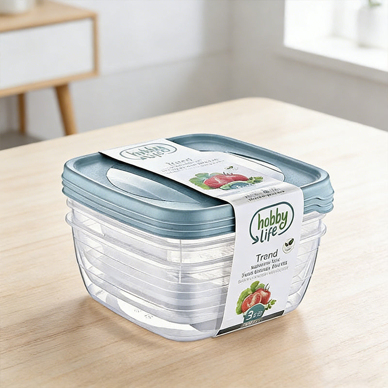 Set of three square plastic food storage containers in vibrant colors from Lavish Kitchen Isle, ideal for kitchen organization.