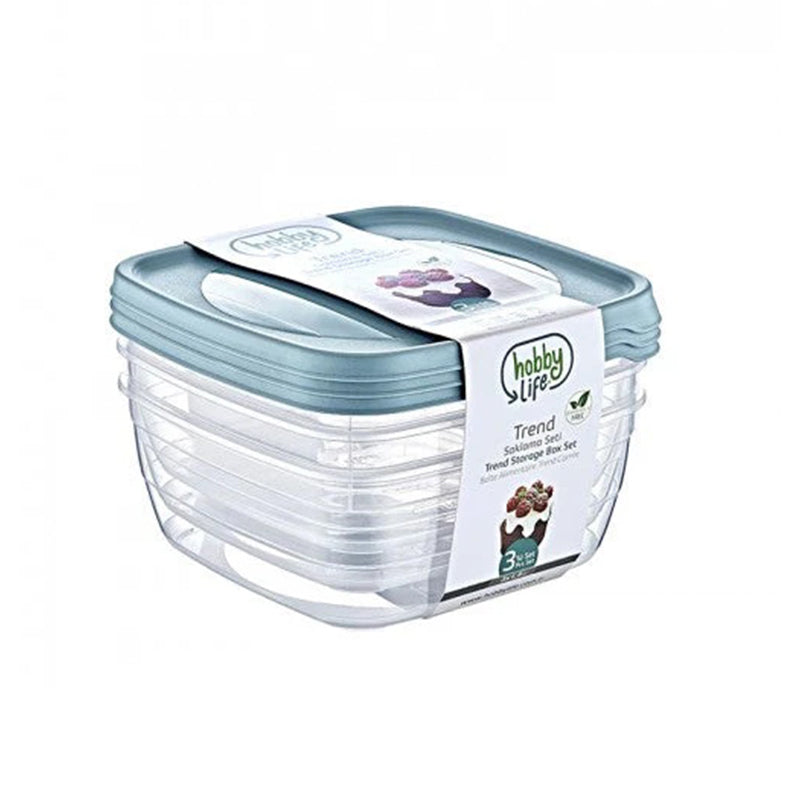Lavish Kitchen Isle 3-piece square plastic food storage containers set in random colors, ideal for kitchen organization and food preservation.