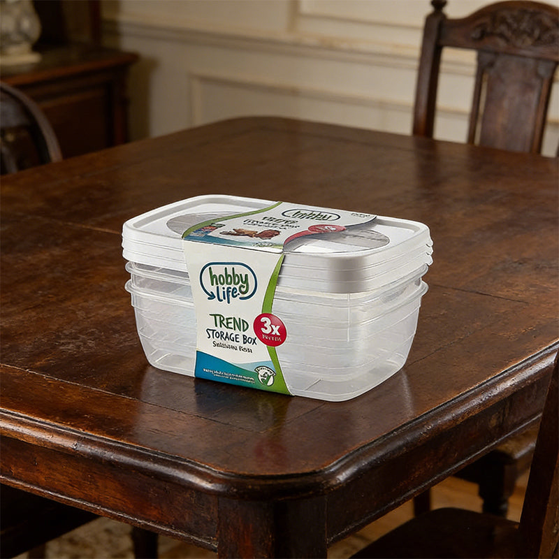 Set of three rectangular Lavish Kitchen Isle food storage containers with secure lids for 2-5 day meal storage.