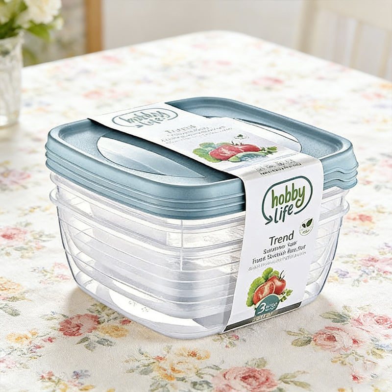 Set of three square plastic food storage containers in vibrant colors from Lavish Kitchen Isle, ideal for kitchen organization and storage.