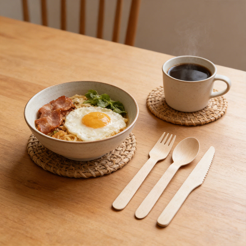 Set of 100 disposable wooden cutlery including spoons, forks, and knives from Lavish Kitchen Isle, 15.5cm in length.