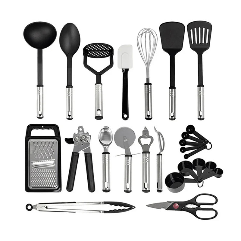 Lavish Kitchen Isle 17-piece all-in-one kitchen utensil set with durable plastic cooking tools displayed together.