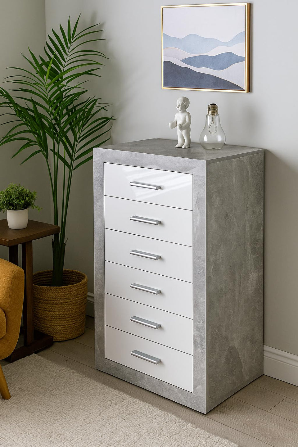 Grey and White Gloss Tallboy Chest of Drawers – 6 Drawer Bedroom Storage Unit
