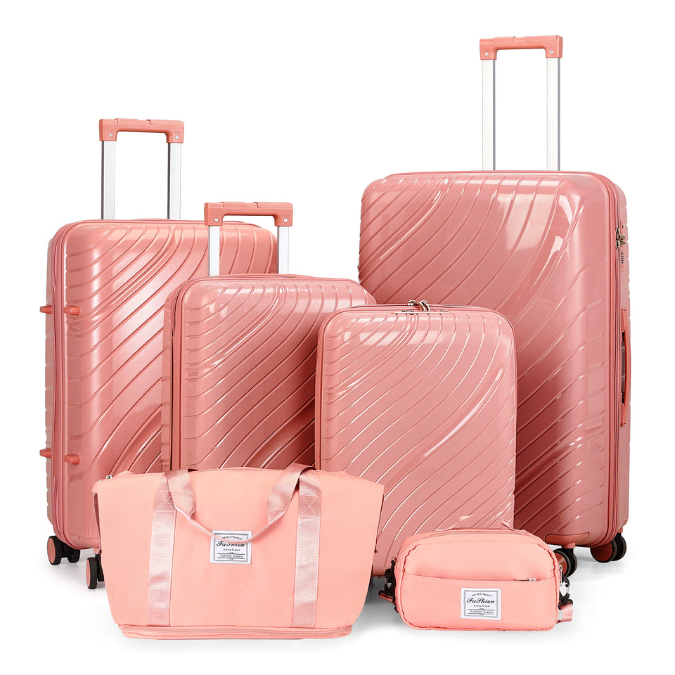 4-Piece Luggage Set - Durable PP Suitcase with Travel Tote & Toiletry Kit (Rose Gold, Red, Grey)