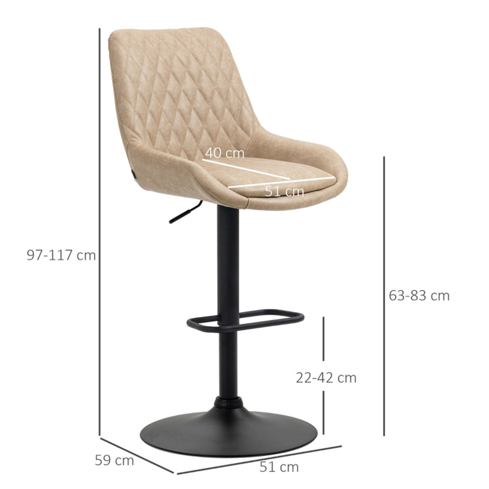 Set of 2 green faux leather bar stools with adjustable height and swivel feature, ideal for kitchen or bar area.