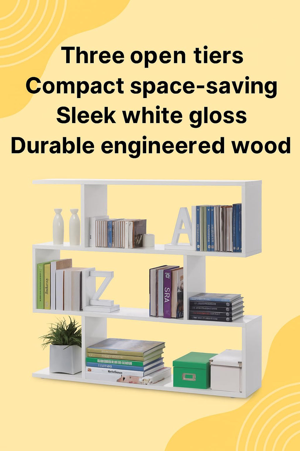 SHA White Gloss 3-Tier Shelving Storage Bookcase Unit – Modern Short Book Shelves for Compact Spaces - Lavish Kitchen Isle