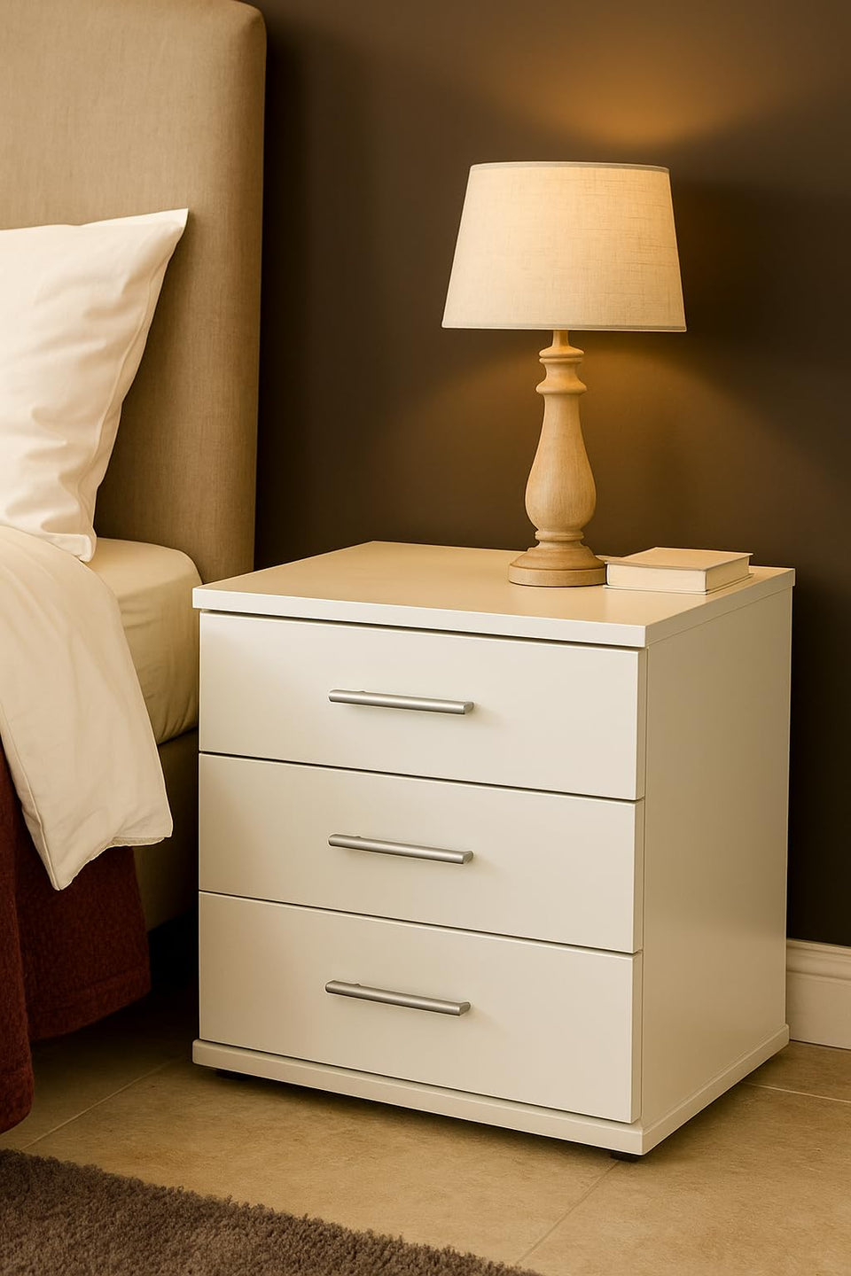 Cavo Alpine White Bedside Table 45cm Wide 3 Drawer Bedroom Furniture Storage