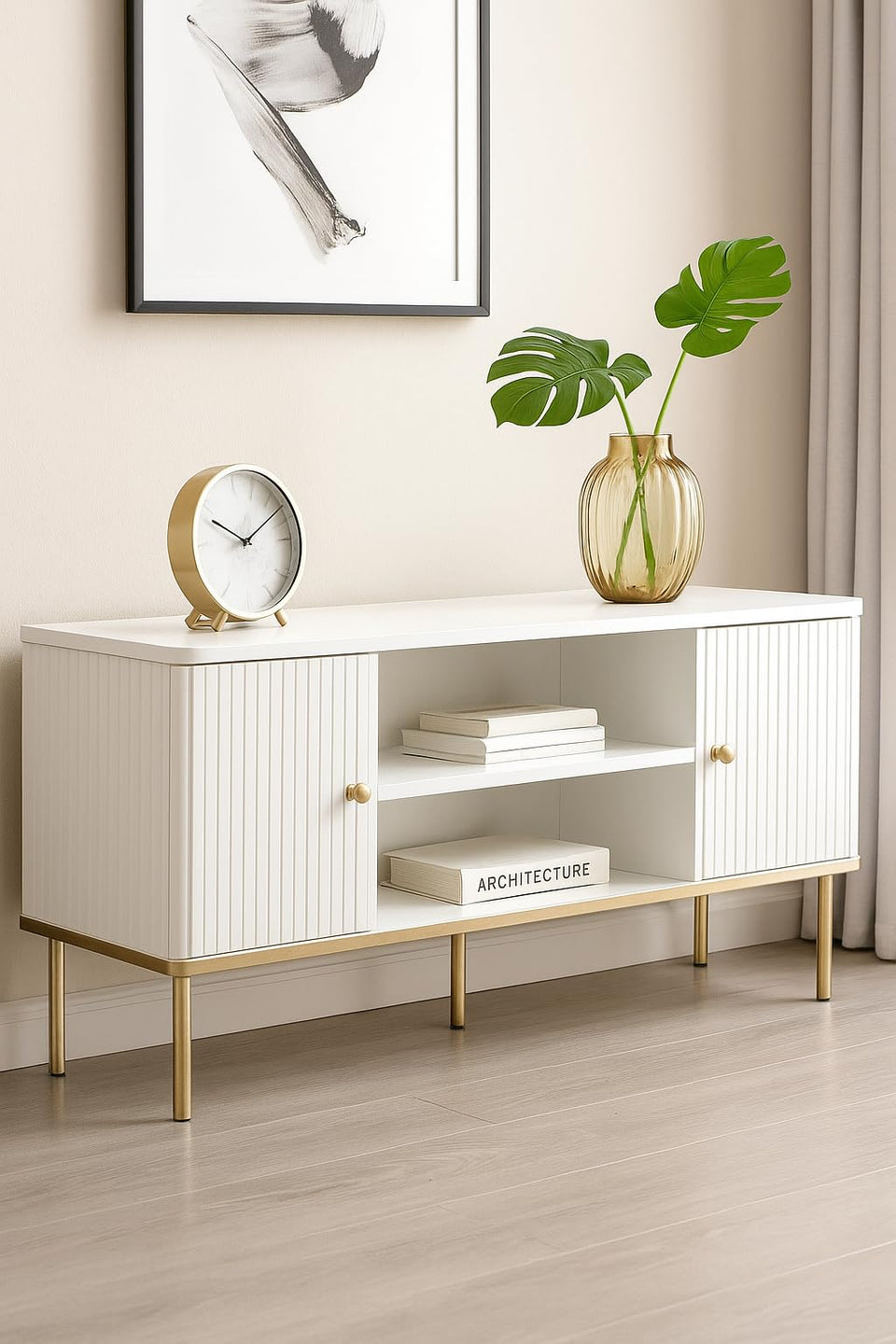 The Luxurious TV unit in White with Gold Detailing