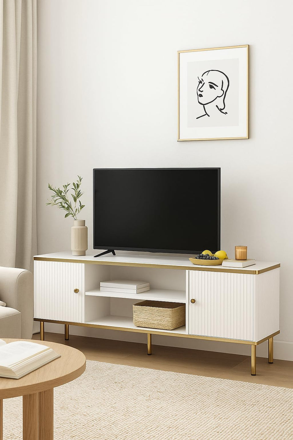 The Luxurious TV unit in White with Gold Detailing
