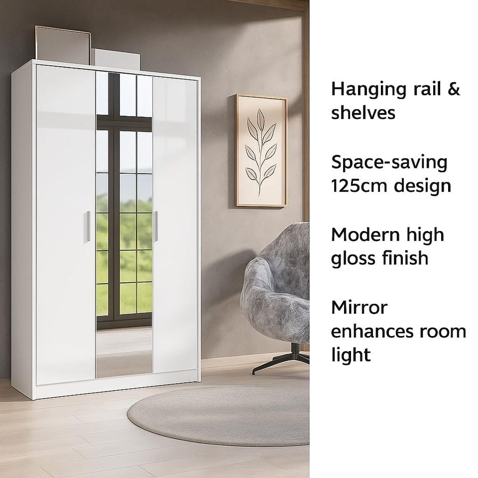White High Gloss 3 Door Mirrored Wardrobe – Modern Bedroom Storage with Hanging Rail & Shelves