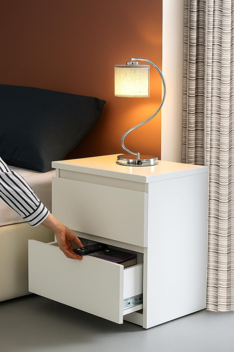 Opale White Gloss Bedside Table 42cm Wide - 2 Drawer Bedroom Furniture Storage