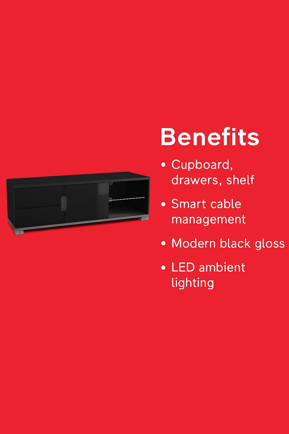 Taurl Black Gloss TV Stand Cabinet with LED Lights Modern Entertainment Unit, 139cm Wide