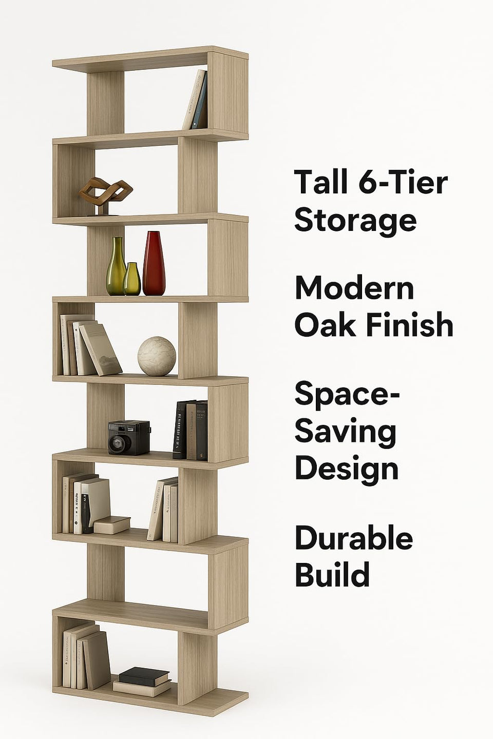 SHA Oak Effect 6-Tier Shelving Storage Bookcase Unit – Tall Book Shelves for Home and Office