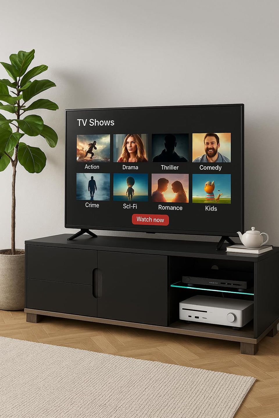 Taurl Black Gloss TV Stand Cabinet with LED Lights Modern Entertainment Unit, 139cm Wide