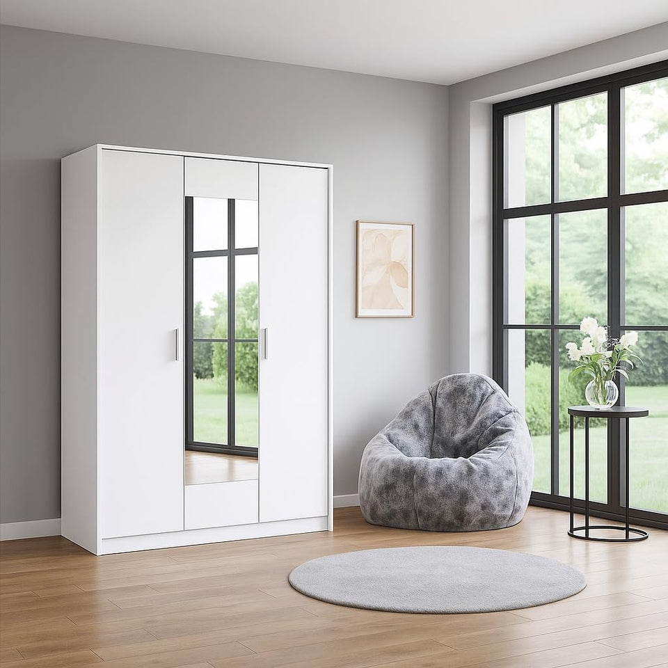 White High Gloss 3 Door Mirrored Wardrobe – Modern Bedroom Storage with Hanging Rail & Shelves