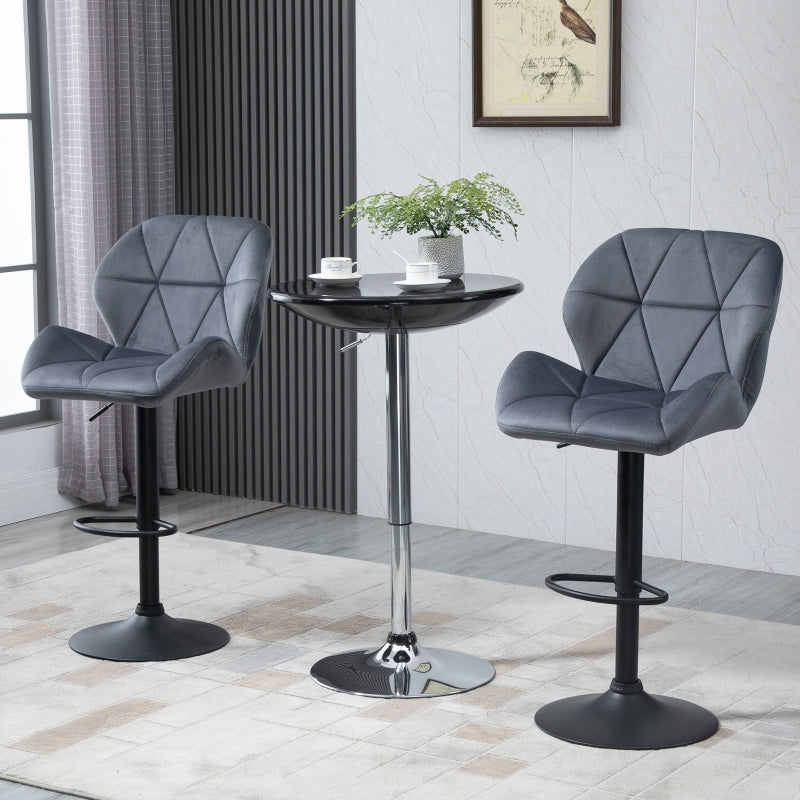 Set of 2 Dark Grey Adjustable Swivel Bar Stools | Upholstered Kitchen Counter Stools with Back for Home Bar and Café