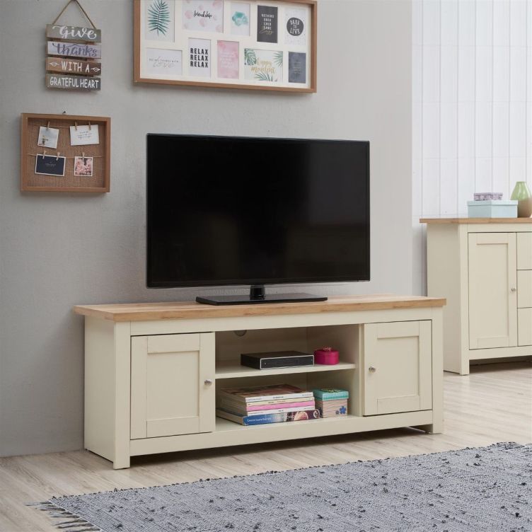 Ite 3 Piece Living Room Set 2 Door TV Unit, 1 Door Sideboard, 2 Drawer Coffee Table - Cream & Oak Effect