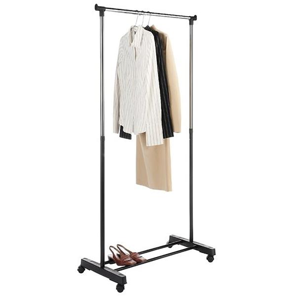 Single-bar Vertical & Horizontal Stretching Stand Clothes Rack Portable Wardrobe with Shoe Shel Black & Silver