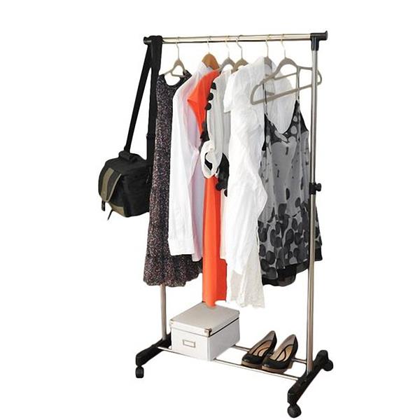 Single-bar Vertical & Horizontal Stretching Stand Clothes Rack Portable Wardrobe with Shoe Shel Black & Silver