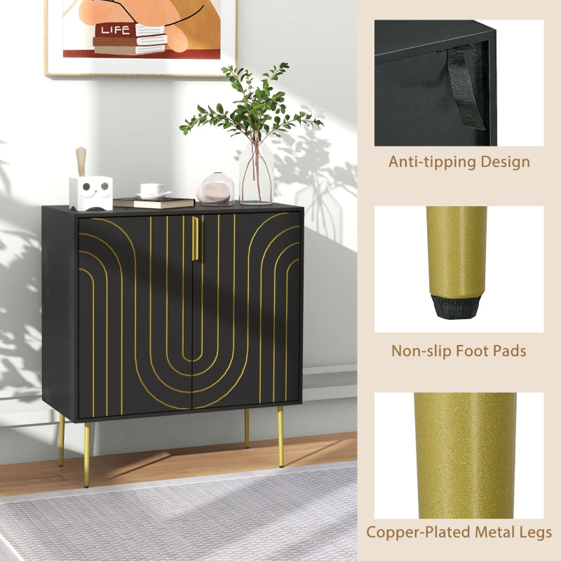 Black and Gold Embossed Sideboard Kitchen Cabinet with Adjustable Shelves and Copper Plated Legs