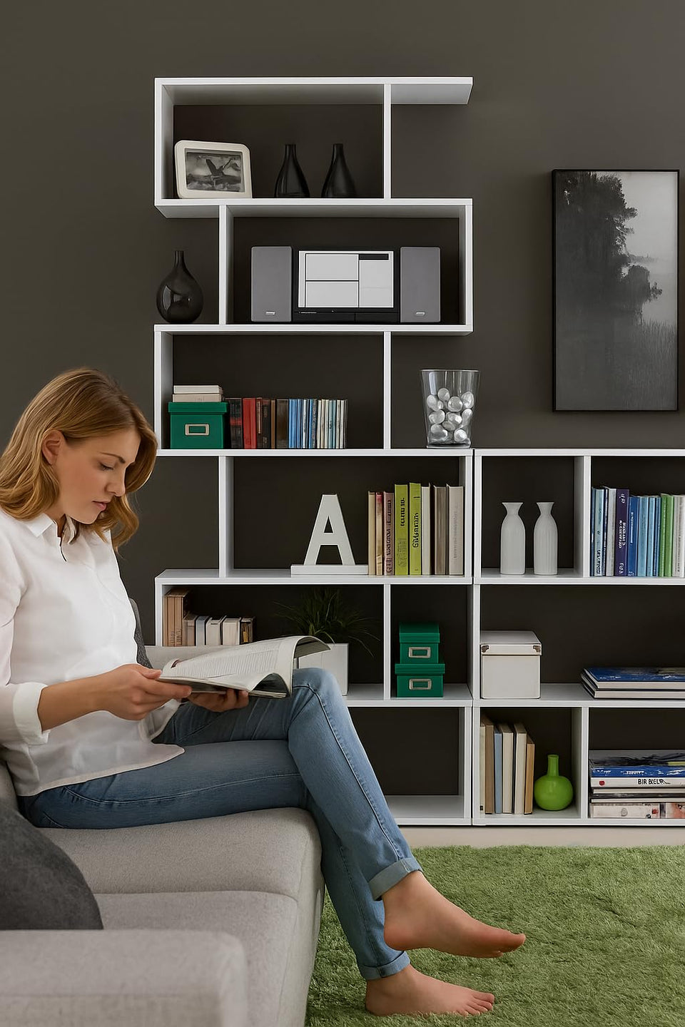 SHA White Gloss Tall Bookcase – 6-Tier Shelving Storage Unit for Modern Living Rooms and Offices