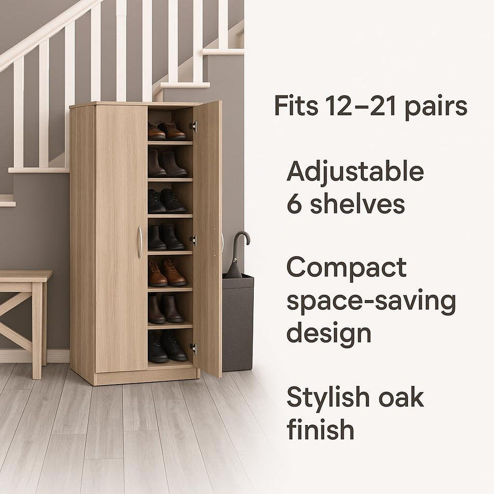 Zephyr Oak Effect Shoe Cabinet – Wooden Space-Saving Shoe Rack with 6 Shelves for 12-21 Pairs