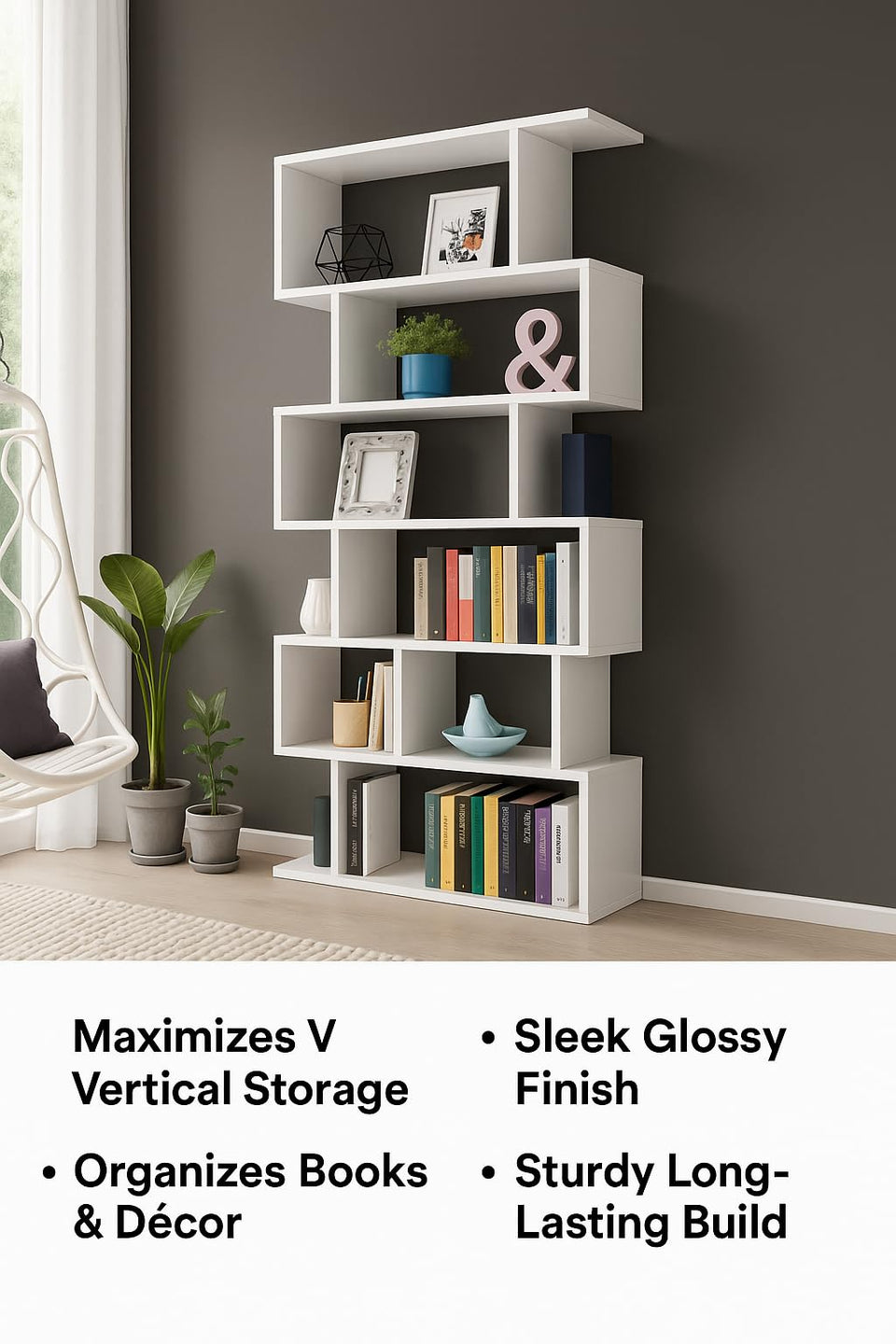 SHA White Gloss Tall Bookcase – 6-Tier Shelving Storage Unit for Modern Living Rooms and Offices