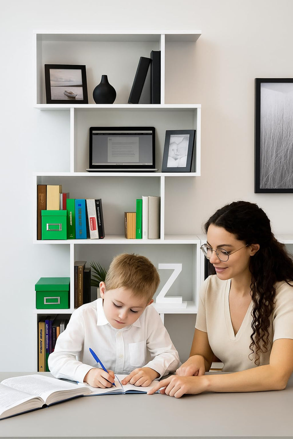 Lavish Kitchen Isle SHA White Gloss Tall Bookcase with 6-tier shelving, ideal for modern living rooms and office storage.