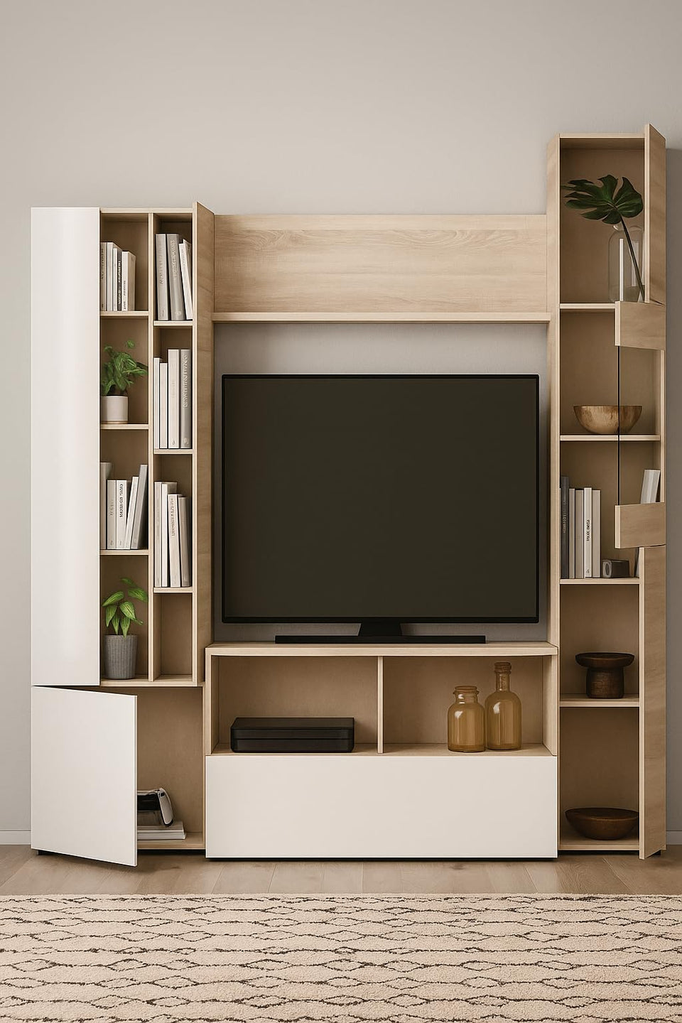 Modern White Gloss & Oak Wall Entertainment Unit with LED Lights