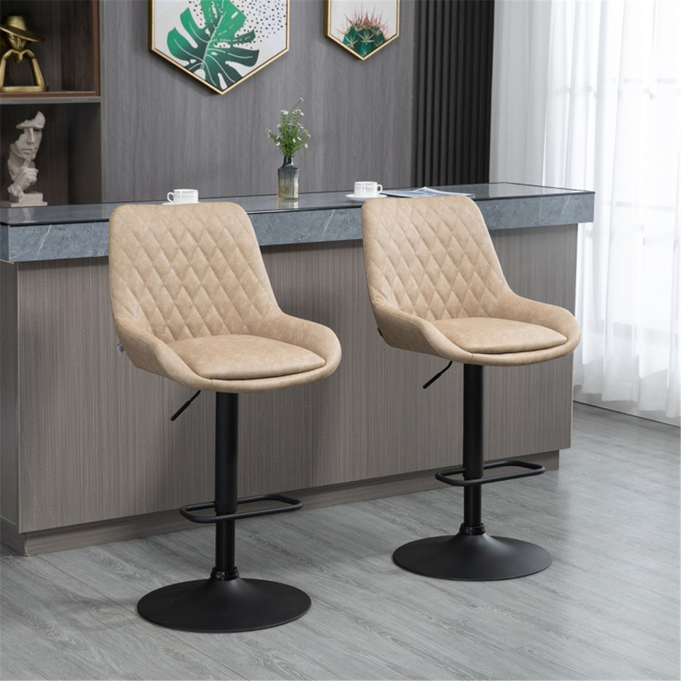 Set of 2 green faux leather bar stools with adjustable height and swivel feature, stylish seating for kitchen or bar area.