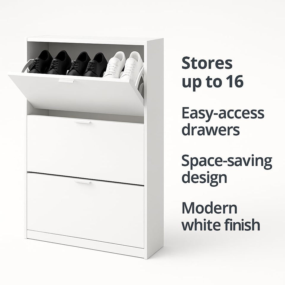 White velour shoe rack cabinet with two drawers, wooden design, holds up to 16 pairs of shoes, space-saving shoe organiser from Lavish Kitchen Isle