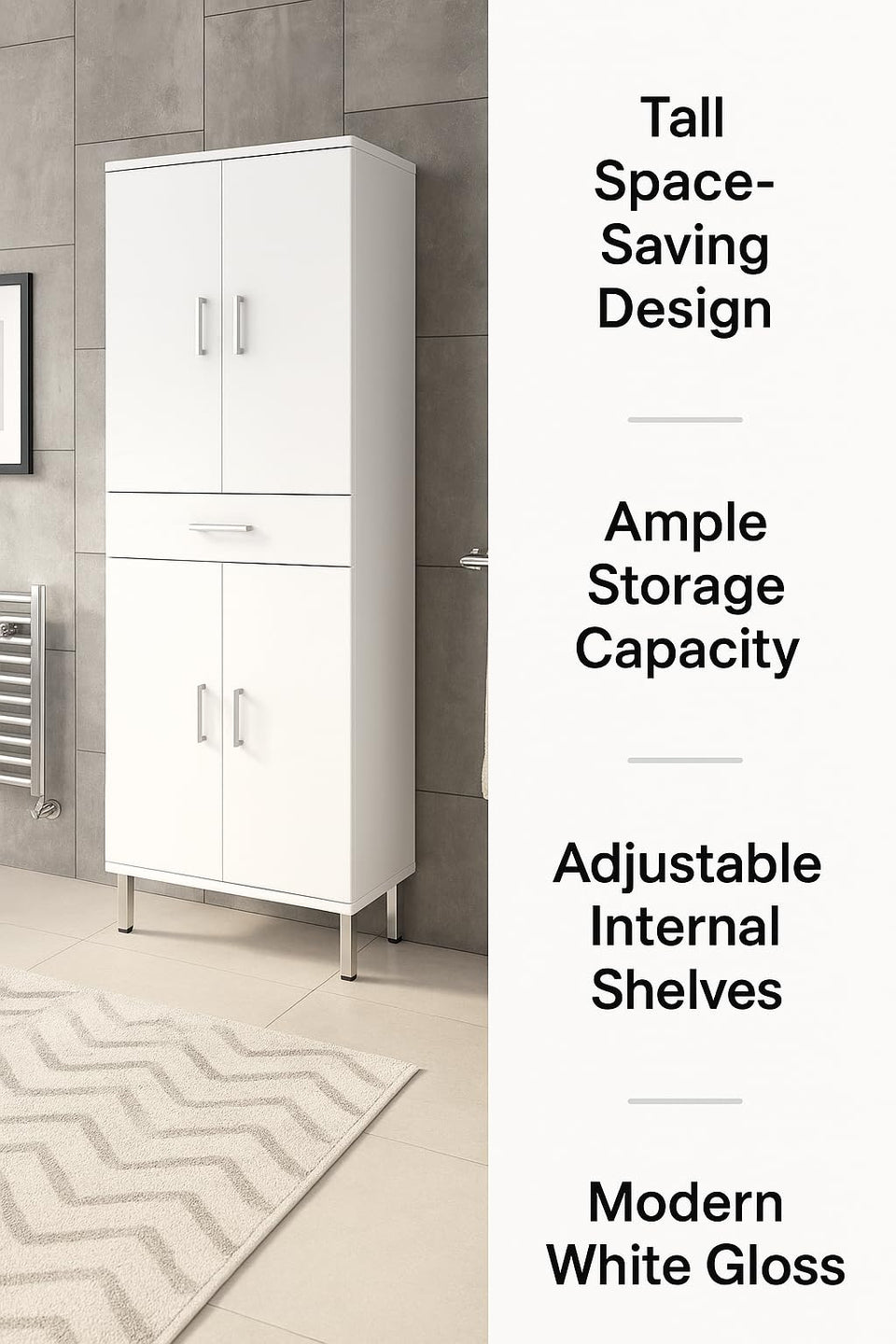 Vespera Tall Bathroom Cupboard in White Gloss Modern Storage Solution for Your Bathroom