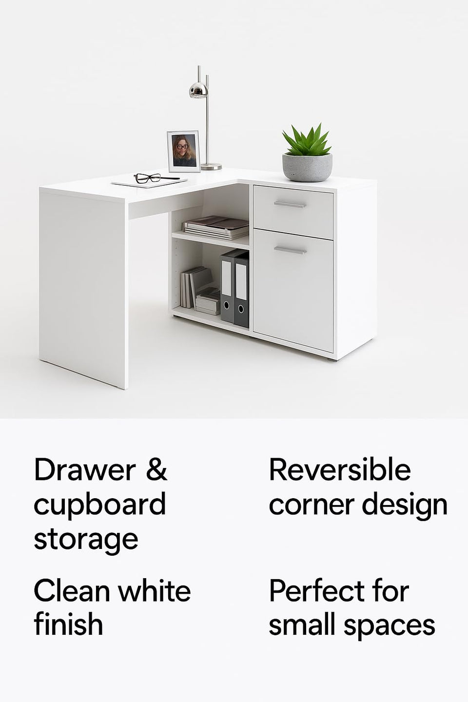 Corner White Flexi Desk with Drawer and Cupboard – Home Office Study Table, 117cm Wide