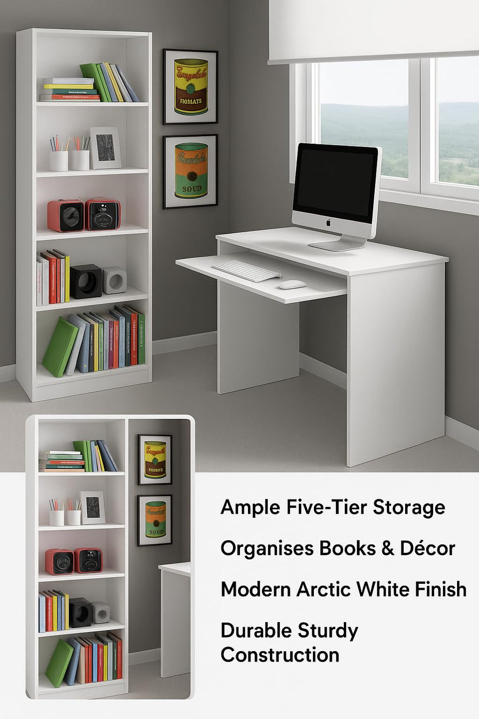 Lavish Kitchen Isle Niss Arctic White five-tier shelving unit with sleek design, ideal for storage and book organization.