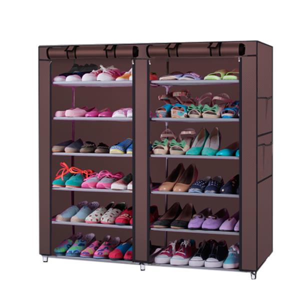 6-Row 2-Line 12 Lattices Non-woven Fabric Shoe Rack Grey and Coffee