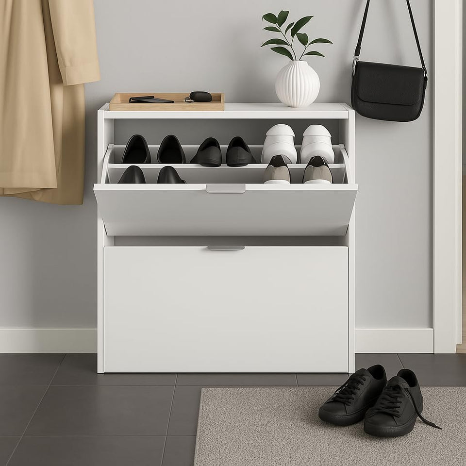 Lavish Kitchen Isle velour white 2-drawer shoe rack cabinet with wooden finish, designed to store 16 pairs of shoes efficiently.