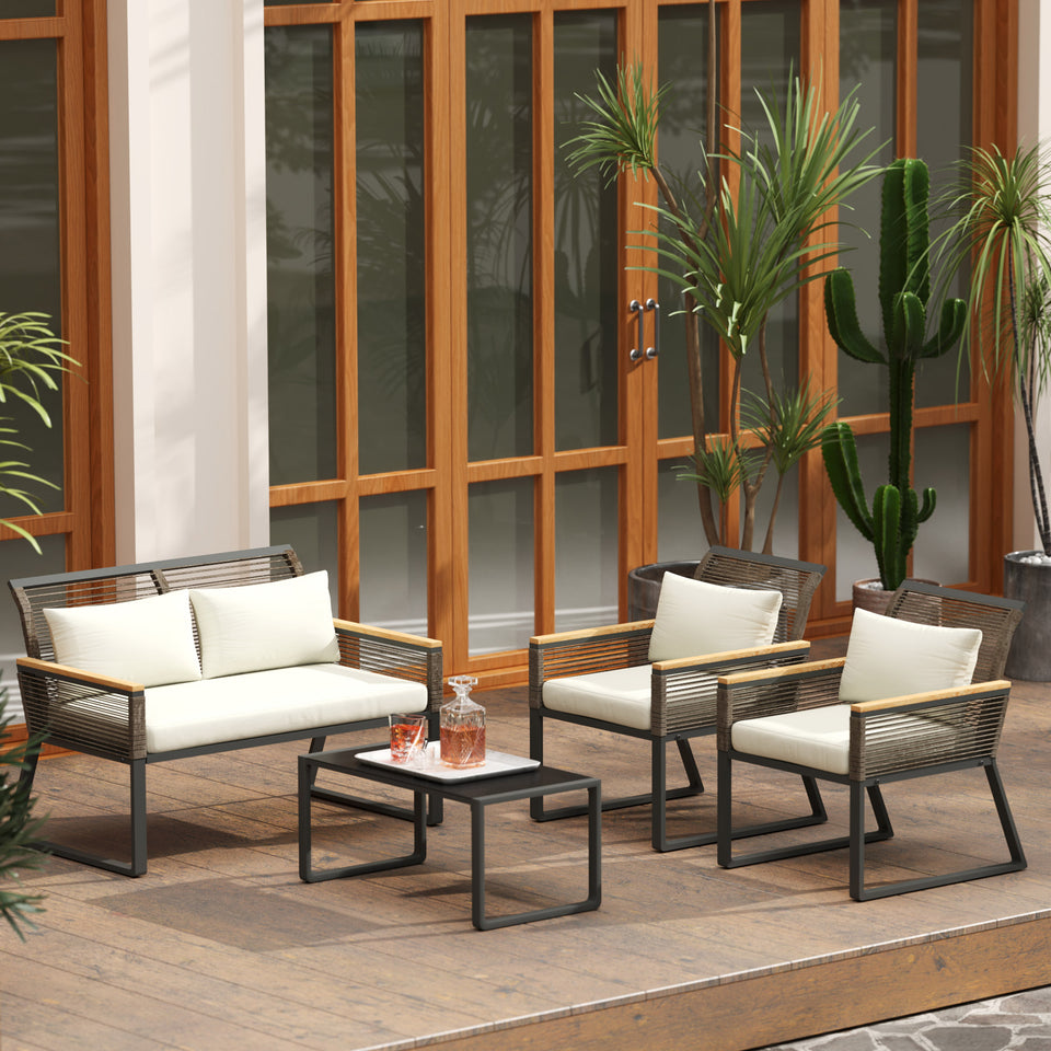 4-Piece Wicker Rope Garden Furniture Set – Grey