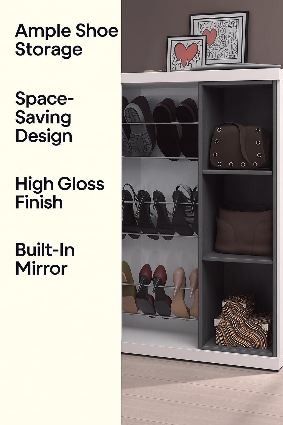 Contemporary White Gloss Shoe Cupboard with Mirror and Shelves