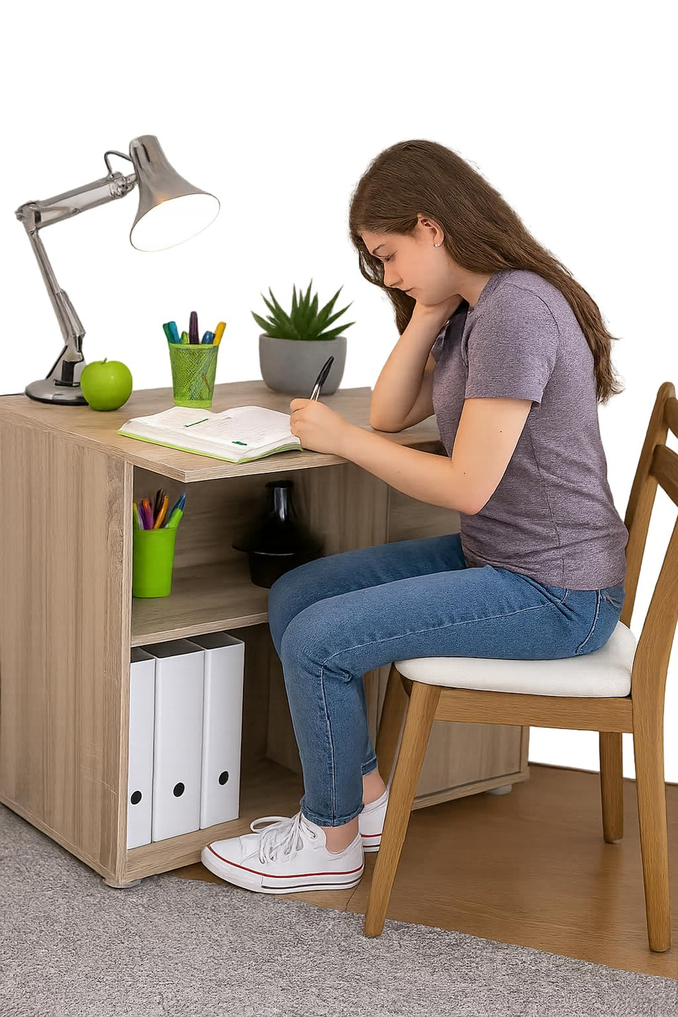 Solace Oak Effect Reversible Corner Flexi Desk Home Office Study Table with Drawer and Cupboard