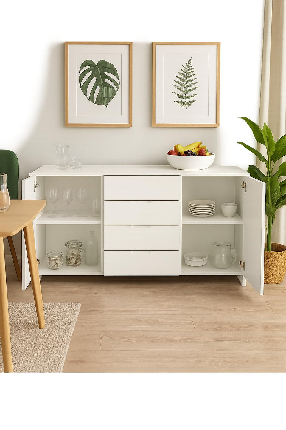 Lavish Kitchen Isle Arctic Elegance white high gloss sideboard cabinet with 4 drawers and 2 doors for living and dining room storage