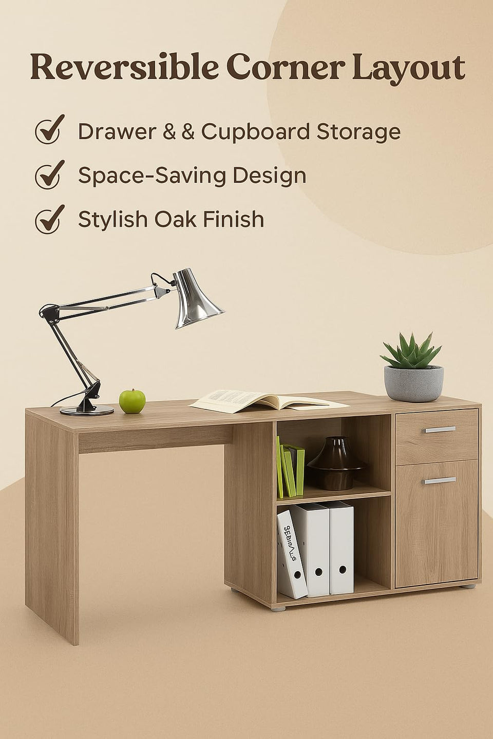 Solace Oak Effect Reversible Corner Flexi Desk Home Office Study Table with Drawer and Cupboard