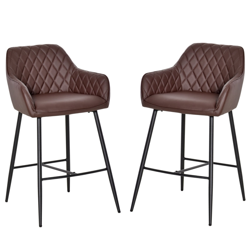 Set of 2 Bar stools With Backs Retro PU Leather Stylish Dining Seating Home- Brown