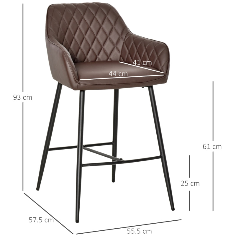 Set of 2 Bar stools With Backs Retro PU Leather Stylish Dining Seating Home- Brown