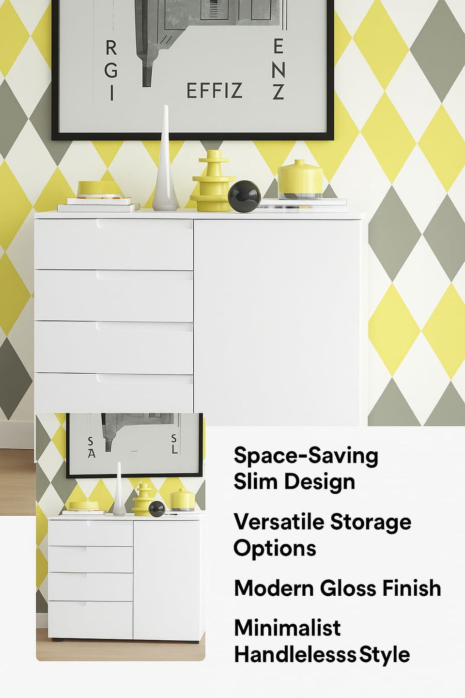 White high gloss Arctic Elegance sideboard cabinet by Lavish Kitchen Isle with narrow design for living and dining room storage.