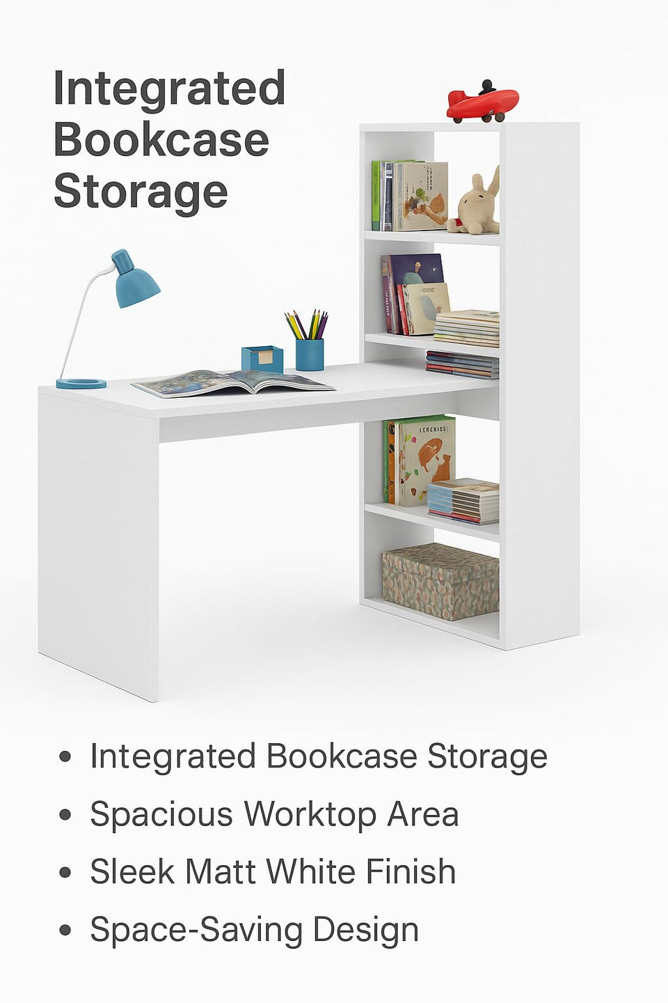 Orvara Double Matt White Computer Desk Table with Integrated Bookcase Home Office Study Table for Laptop and Storage