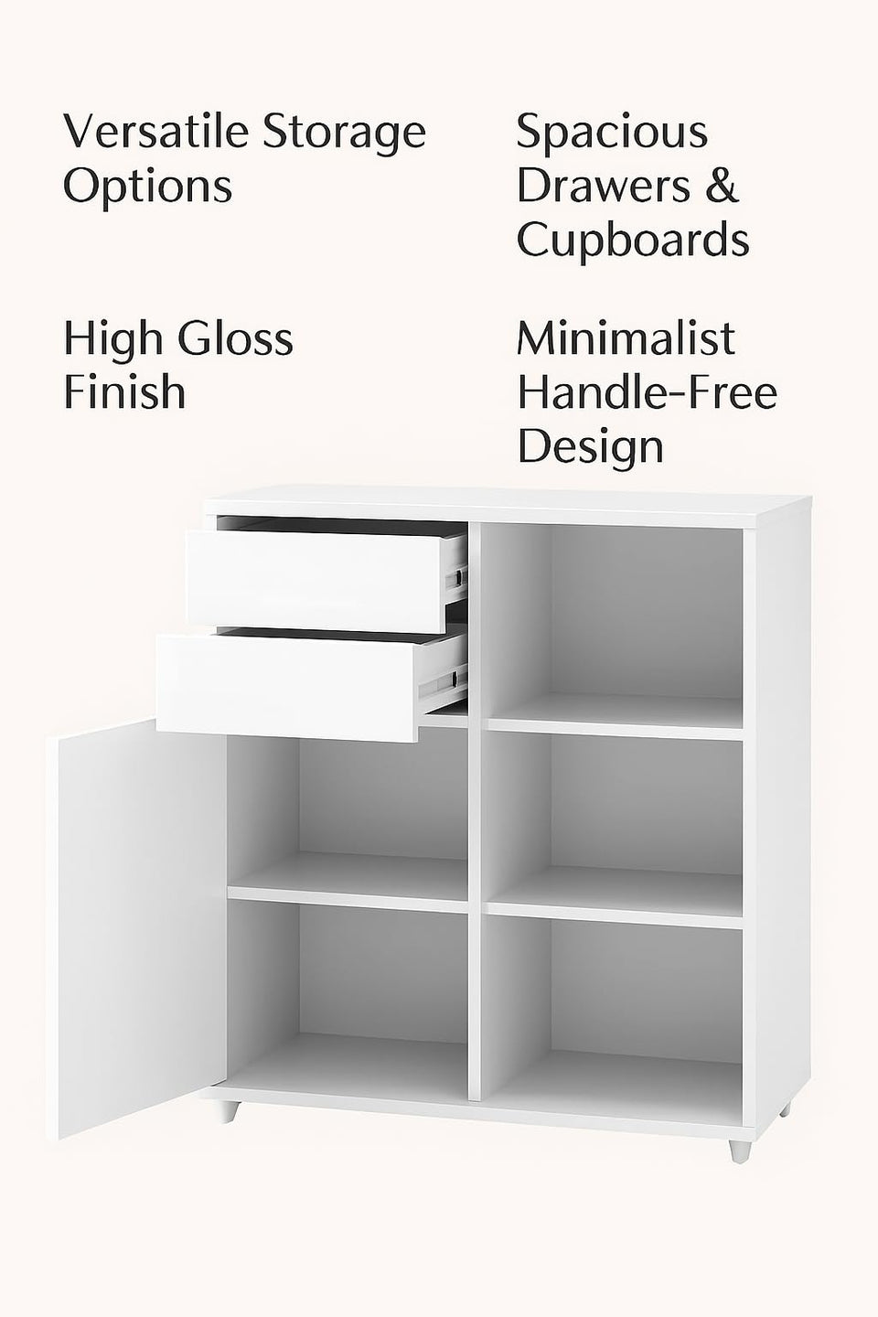 Arctic Elegance White High Gloss Tall Sideboard Cabinet | 2 Door 2 Drawer Storage Unit for Living, Dining Room or Hallway