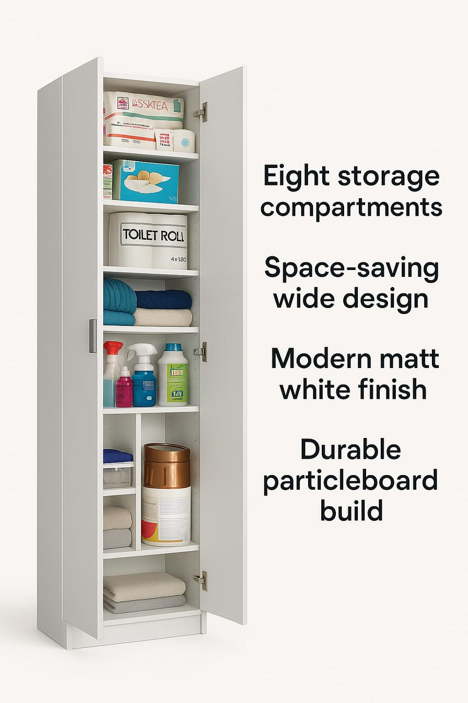 Wide White Sideboard Cabinet with 2 Doors and 8 Compartments Storage Unit for Living and Dining Room Furniture
