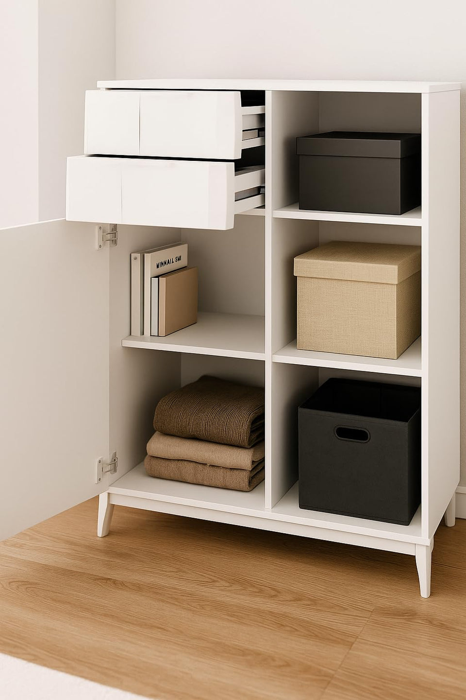 Arctic Elegance White High Gloss Tall Sideboard Cabinet | 2 Door 2 Drawer Storage Unit for Living, Dining Room or Hallway