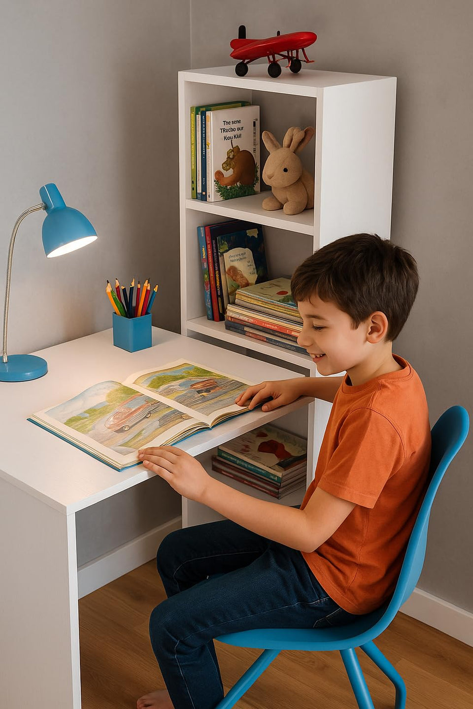 Orvara Double Matt White Computer Desk Table with Integrated Bookcase Home Office Study Table for Laptop and Storage